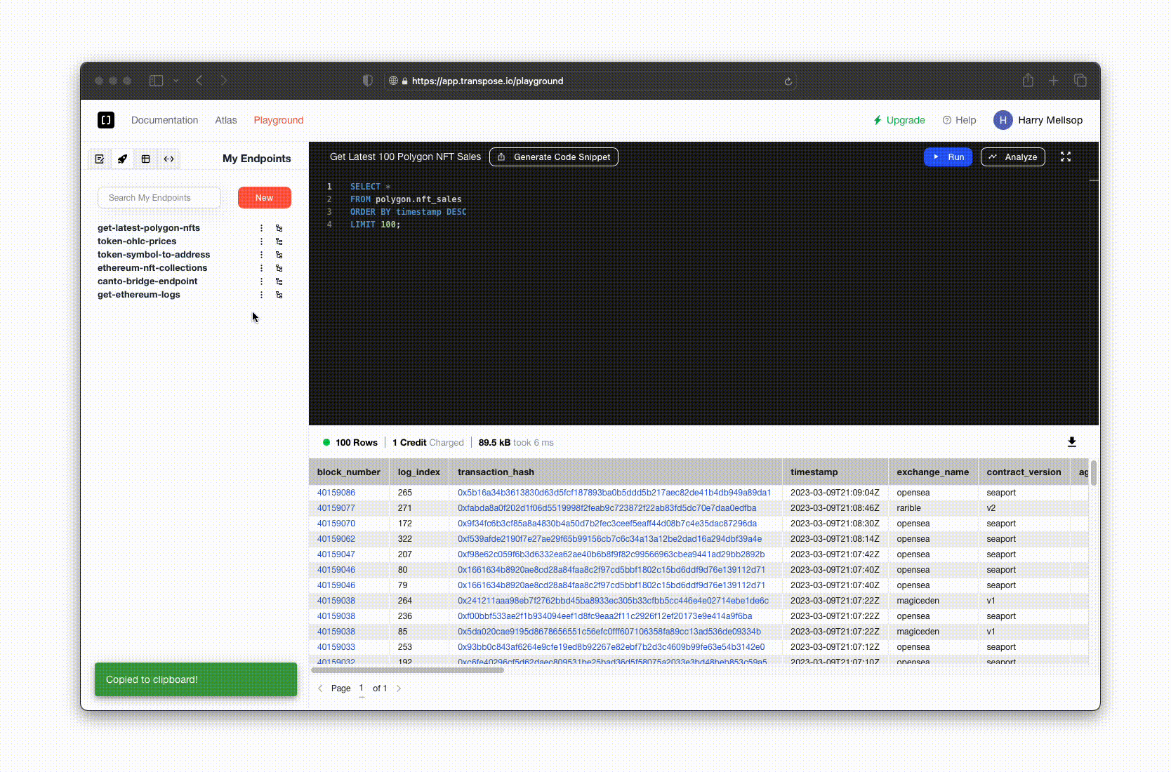 Animation showing generating code snippets to call the endpoint from production, and copying the deployed endpoint URL